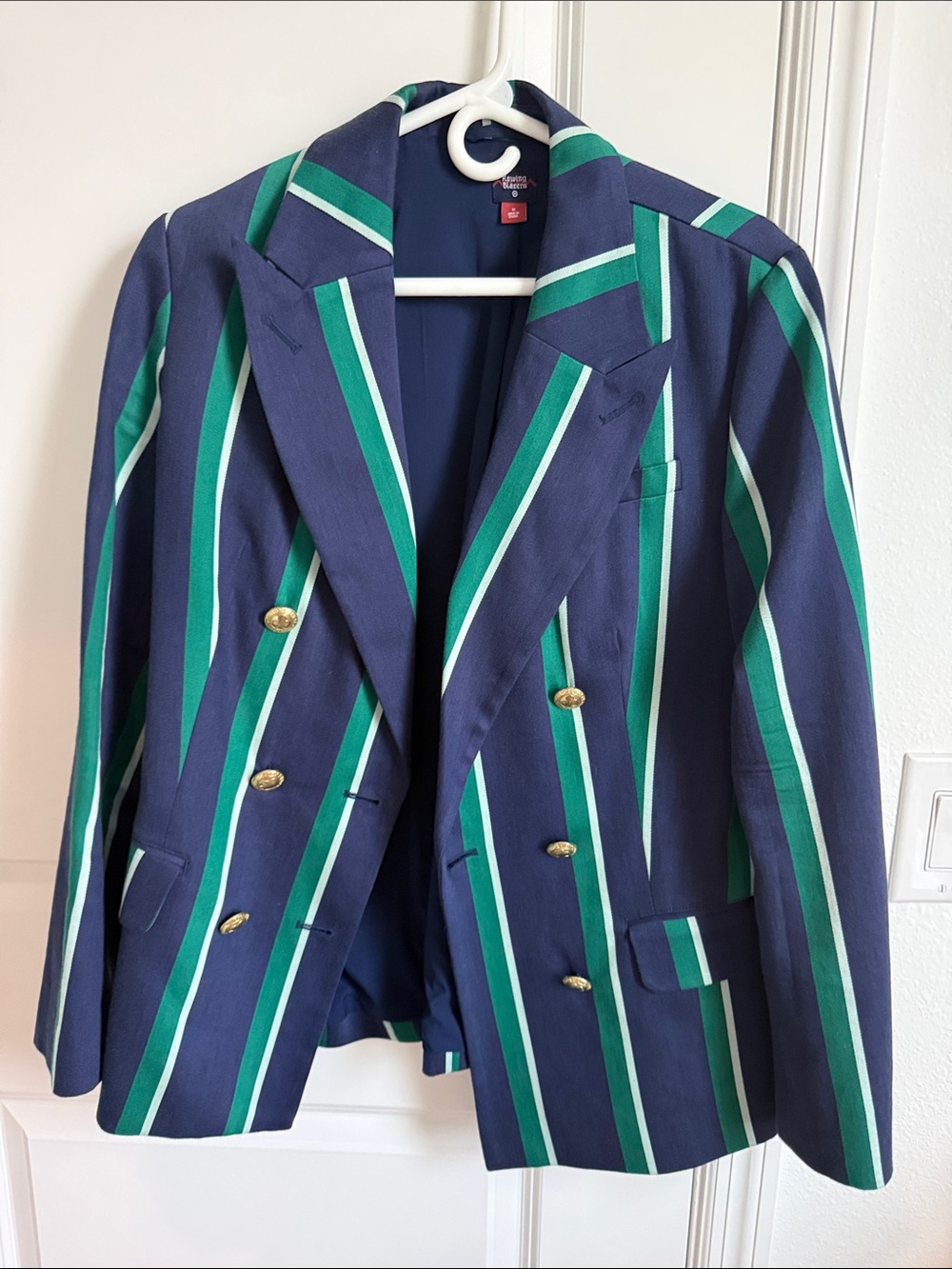 Rowing Blazers Navy, Green & White Striped Double-Breasted Blazer